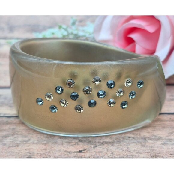 Vintage Asymmetrical Gold Brown Chunky Wide Lucite Bangle Bracelet Rhinestones - Picture 4 of 8